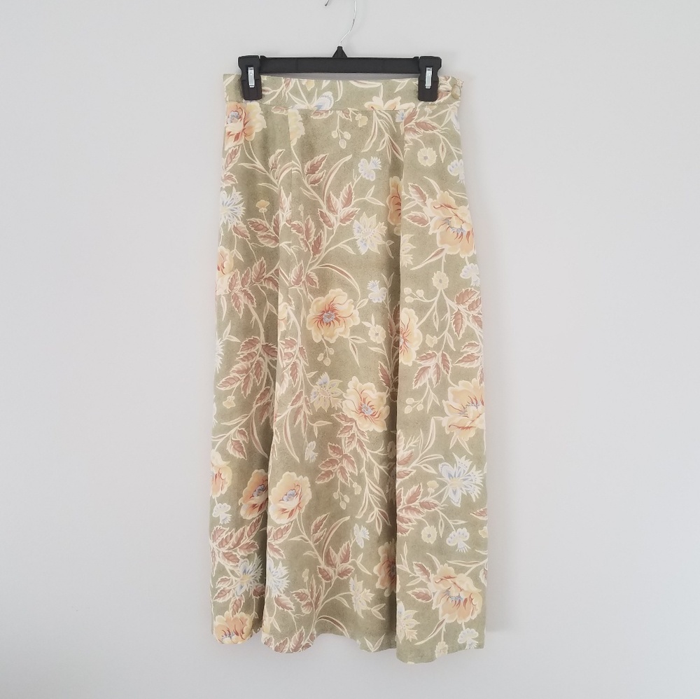 Vintage green floral high waist midi skirt size 10